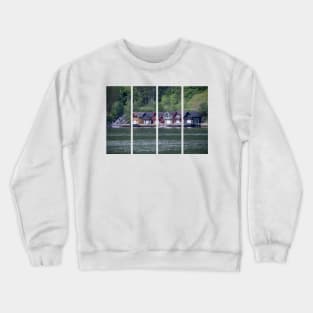 Wonderful landscapes in Norway. Vestland. Beautiful scenery of coloured houses facing the spectacular Sognefjord. Rainy day Crewneck Sweatshirt